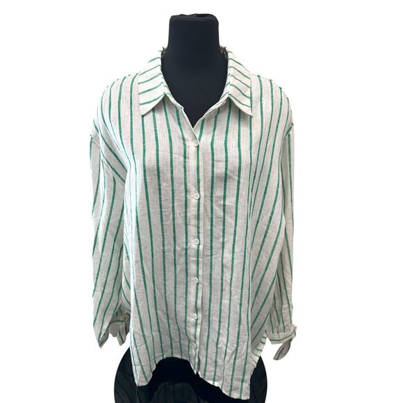 SCOOP | Green White Striped Button Down Blouse Linen Blend Top NWT | XXL 20 - Picture 2 of 8